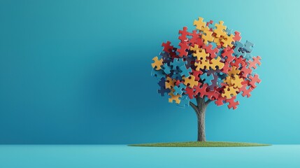 Colorful puzzle tree on a blue background.