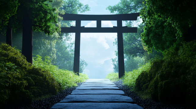 Tranquil Tori Path A Digital Painting - Serene path, ancient gate, misty forest, spiritual journey, peaceful nature.
