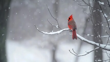 Vibrant Red Cardinal Perched on Snow-Covered Branch During Serene Winter Snowfall in Tranquil Forest Setting