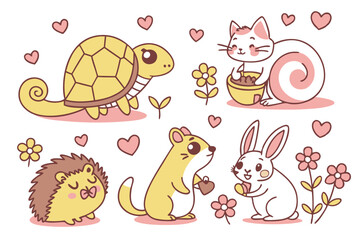 Cute cartoon animals, colorful illustrations, kawaii style, hearts, flowers, turtle, chameleon, dogs, cats, hamster, fish bowl, snail, hedgehog, rabbit, bird, fox, love letters, pastel colors, childis