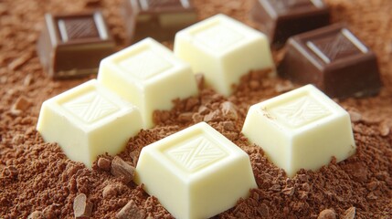 Assorted Chocolate Varieties on Cocoa Powder Background