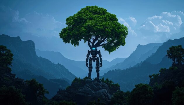 Towering mechanical tree glowing softly in a surreal alien jungle artistic 3D fantasy concept blending nature and robotics