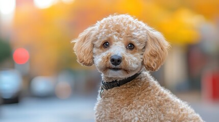 Adorable fluffy dog portrait with autumn colors in background