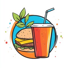 Burger and soda combo; summer meal; colorful background; fast food illustration