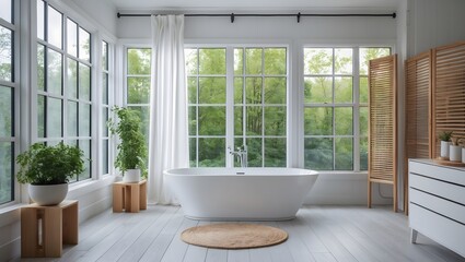 Fototapeta premium Clean and nature Interior concept of bathroom with bathtub, curtain and big window. Ai Generative.