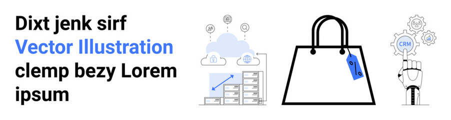 Cloud-growing graph, shopping bag with price tag, robot arm with gears. Ideal for business, e-commerce, data, automation, economics cloud technologies CRM. Perfect flat landing page banner
