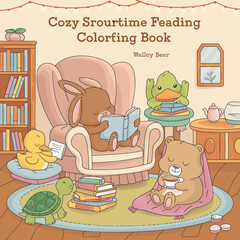 cute coloring book cover, cover, cute kids illustration, cartoon cover, cartoon illustration, kawaii coloring, easy and bold, kawaii cover, cozy, cozy cover, fuzzy, hygge, coloring pages, adult colori