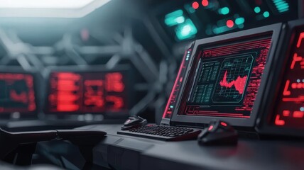 A futuristic control room featuring advanced digital displays, with red and green graphics on screens, showcasing data and analytics.