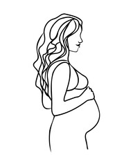A woman is pregnant and is wearing a bikini top. She is standing in front of a white background