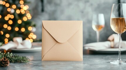Festive envelope with champagne glasses on a table setting.