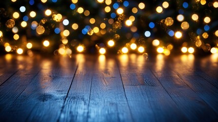 Blurred Lights on Wooden Floor for Holiday and Celebration Background