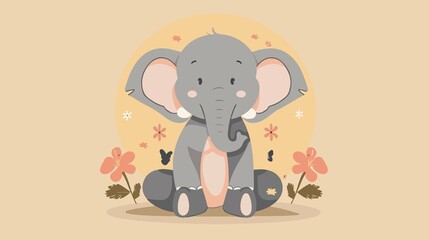 Fototapeta premium Adorable Elephant Sitting Flat Vector Illustration