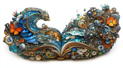 Fototapeta premium Fantasy Artwork of Open Book with Colorful Ocean and Nature Elements