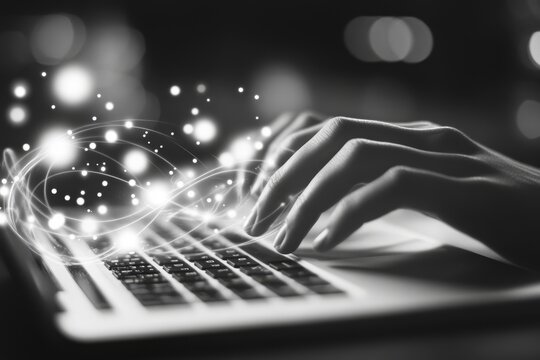 A fluent typist hands flying over a keyboard, with blurred fingers capturing their speed and ease