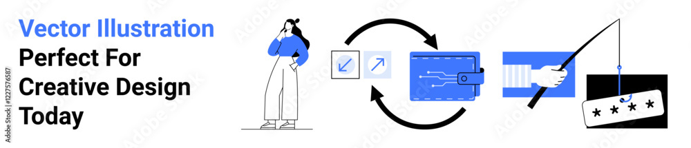 Wall mural woman contemplating, design tools, coding, and rating components connected with arrows. ideal for in