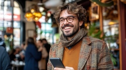Young Adult Man Enjoying Coffee While Using Mobile Device in Cozy Café Setting