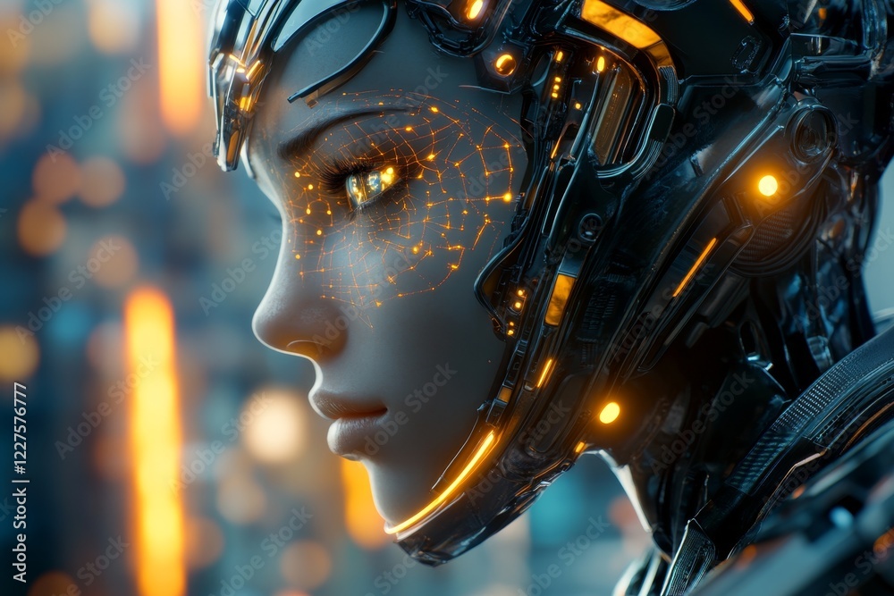 Poster A futuristic holographic interface showing a 3D model of a face, with glowing data points identifying specific features, set in a sleek, sci-fi laboratory