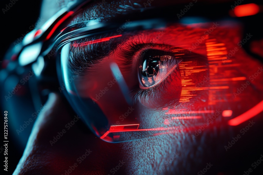 Poster A futuristic scene of a robotic eye observing a digital display, with data and holograms floating in the air around it