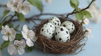 Obraz premium A nest of four eggs sits on a branch of a tree