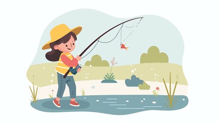 Adorable Young Girl Fishing Flat Vector Illustration