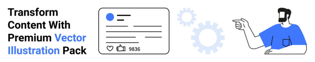 Man pointing at a content card with thumbs ups and comments while abstract gears spin. Ideal for marketing, design, development, strategy, technology, creativity, flat landing page banner