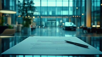 Professional Environment with Document and Pen in Modern Lobby