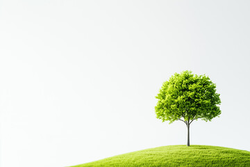 A solitary tree stands proudly on a gentle knoll, surrounded by lush green grass under a clear midday sky. Soft, even light envelops the tranquil landscape, emphasizing simplicity