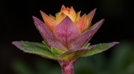 Fototapeta premium Close-up vibrant flower bud, garden bloom, dark background, nature photography, botanical illustration