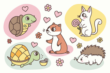 Cute cartoon animals, colorful illustrations, kawaii style, hearts, flowers, turtle, chameleon, dogs, cats, hamster, fish bowl, snail, hedgehog, rabbit, bird, fox, love letters, pastel colors, childis