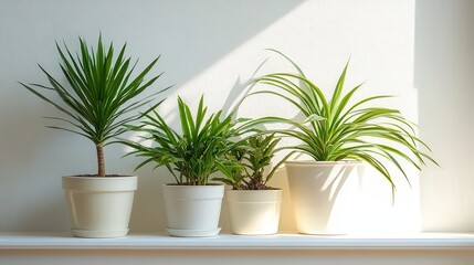 Indoor Plants with Varied Leaf Shapes Reflecting Sunlight on a Bright Wall Surface