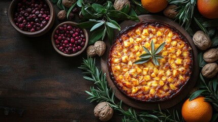 Autumn fruit tart, rustic table, cranberries, walnuts