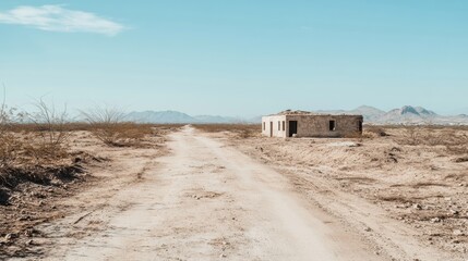 Isolated Desert Road Leading to Abandoned Building in Arid Landscape