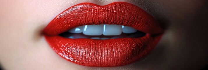 Obraz premium Bright red lipstick enhances lips in a close-up shot showcasing beauty and confidence