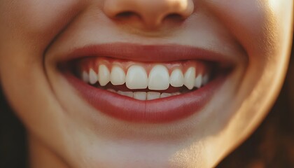 Fototapeta premium Close-Up of a Bright and Radiant Smile Showing Healthy White Teeth, Conveying Joy and Confidence with Natural Lips and Luminous Skin Under Soft Lighting Conditions