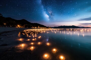 An enchanting view of floating lanterns illuminating the night sky, casting reflections on the water, creating a dreamy and serene atmosphere.