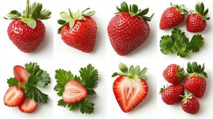 Fresh and Juicy Strawberries with Green Leaves and Herbs on White