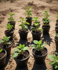 Group of young wild watermelon seedlings in small pots ready for planting, gardening tools, transplanting, care