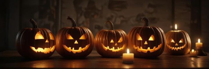 Obraz premium Group of Halloween pumpkins with flickering candles inside, arrangement, flickering candles, decorations