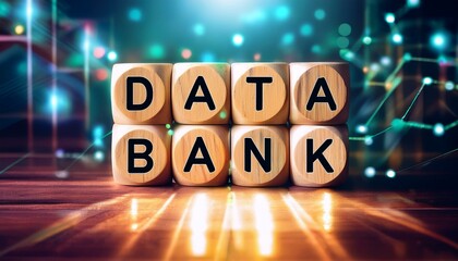 データバンクを意味する英単語のdatabankの文字が書かれた木製のキューブブロックがライトアップされている。aiで生成	
