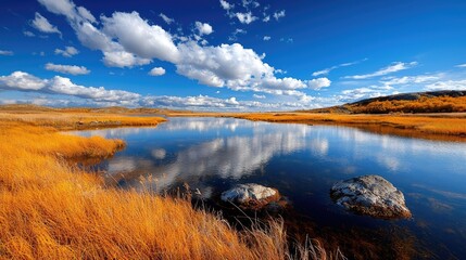 Obraz premium Autumn lake reflection, scenic landscape, tranquil nature