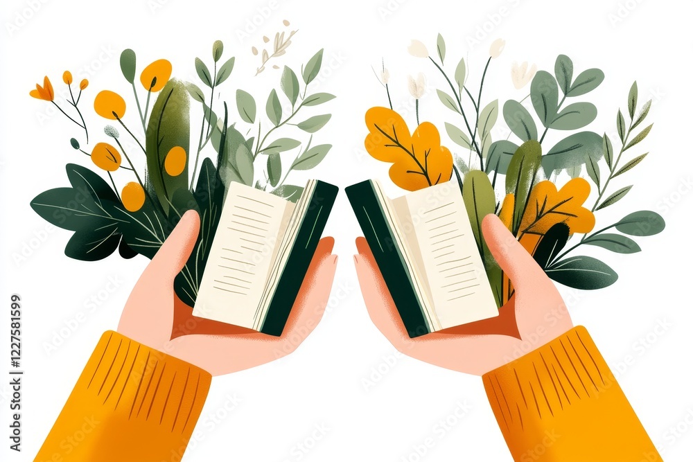 Poster a minimalist illustration of a pair of unsteady hands holding a beginner manual, with simple lines a