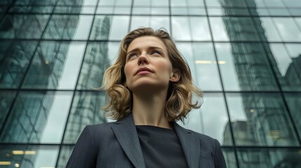 Confident Businesswoman Looking Up at Modern Skyscrapers