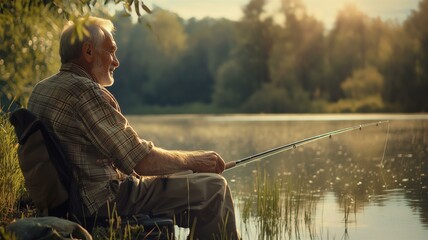 Photorealistic image of an elderly man enjoying a peaceful moment while fishing by a calm lake on a sunny day
