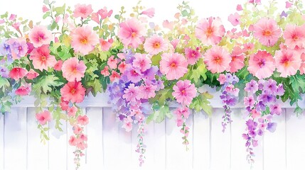 Obraz premium Vibrant Wildflower Vines, colorful blossoms entwining a weathered fence, hand-painted watercolor illustration perfect for summer decor and stationery designs