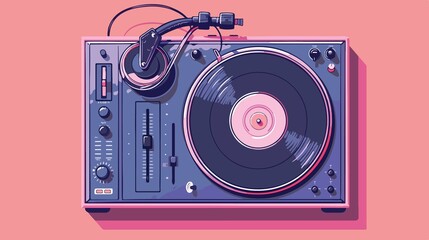 Professional DJ Turntable and Headphone Flat Vector Illustration