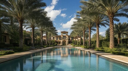 Fototapeta premium a long pool with palm trees and a building in the background