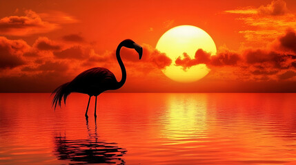 Fototapeta premium a beautiful and the colorful goose with the yellow sunset backgrounds , with the water wildlife goose on the yellow sunset background 