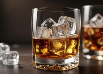 Golden brown whiskey with ice cubes in a glass, alcoholic celebration, boozy, luxury drink, refreshment cocktail