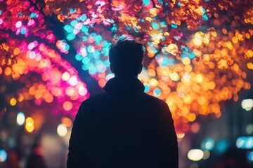 Silhouette of a person in front of colorful lights during an evening stroll