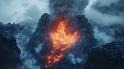 Eruptive Energy: A Fiery Volcanic Portal Surrounded by Jagged Obsidian Rocks